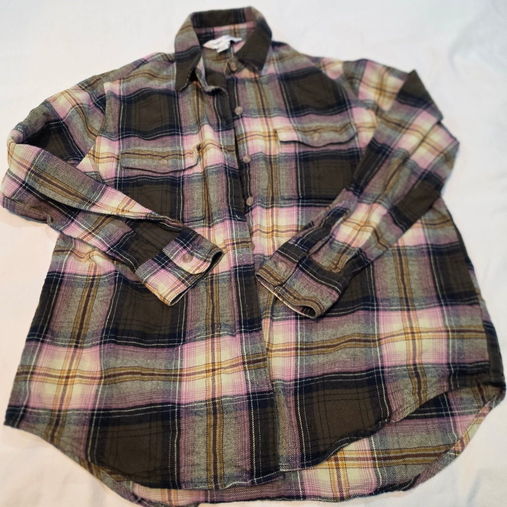 Old Navy Boyfriend Shirt Tunic Women XS Olive Pink Plaid Flannel 422829-01